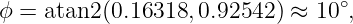                                 ∘
ϕ = atan2(0.16318, 0.92542 ) ≈ 10 ,
