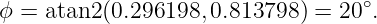 ϕ =  atan2(0.296198, 0.813798 ) = 20∘.
