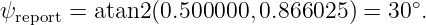 ψreport = atan2 (0.500000, 0.866025) = 30∘.
