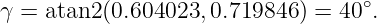                                   ∘
γ = atan2(0.604023, 0.719846 ) = 40 .

