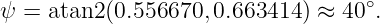                                    ∘
ψ  = atan2(0.556670, 0.663414 ) ≈ 40 .
