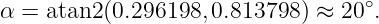                                    ∘
α =  atan2(0.296198, 0.813798 ) ≈ 20 .
