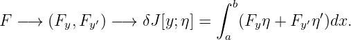                               ∫ b
F  −→  (Fy,Fy ′) −→  δJ [y;η] =    (Fyη + Fy ′η ′)dx.
                               a
