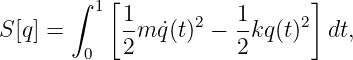       ∫   [                  ]
         1 1      2   1      2
S[q] =     --m ˙q(t) − --kq(t)  dt,
        0  2          2
