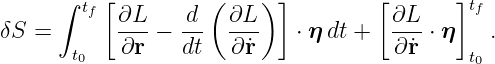      ∫  tf [∂L     d ( ∂L ) ]        [∂L     ]tf
δS =       --- − --   ---   ⋅ η dt + --- ⋅ η   .
       t0   ∂r    dt   ∂r˙             ∂˙r     t0
