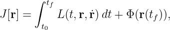        ∫
         tf
J [r] =     L (t,r,r˙) dt + Φ (r(tf)),
        t0
