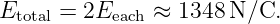 Etotal = 2Eeach ≈ 1348 N/C.

