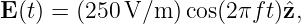 E (t) = (250 V/m )cos(2πf t)ˆz,
