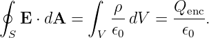 ∮           ∫
                ρ-      Qenc-
 S E ⋅ dA =   V 𝜖0 dV  =  𝜖0  .
