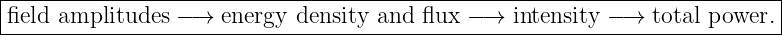|--------------------------------------------------------------------------|
|field amplitudes −→  energy  density and  flux −→  intensity − →  total power. |
---------------------------------------------------------------------------
