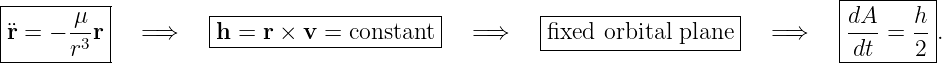 |---------|                                                                     |--------|
|      μ- |         |---------------------|         |------------------|        |dA-   h-|
¨r = − r3r|  = ⇒    -h-=-r-×-v-=-constant--  =⇒     fixed--orbital-plane--  =⇒    |dt  = 2 .
-----------                                                                     ----------
