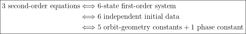 |----------------------------------------------------------------------------|
|3 second-order equations ⇐ ⇒  6-state first-order system                       |
|                         ⇐ ⇒  6 independent  initial data                     |
|                                                                            |
|                         ⇐ ⇒  5 orbit-geometry  constants + 1 phase constant |
-----------------------------------------------------------------------------
