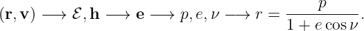                                             p
(r,v ) − → ℰ ,h −→ e −→  p, e,ν − → r = ----------.
                                        1 + ecos ν
