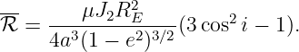 --      μJ2R2E          2
ℛ =  4a3(1-−-e2)3∕2-(3 cos i − 1).
