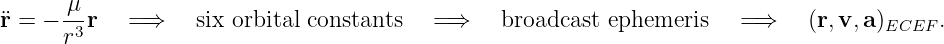       μ-
¨r = − r3r   =⇒     six orbital constants  = ⇒    broadcast ephemeris    =⇒    (r,v,a )ECEF .
