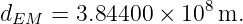                     8
dEM  = 3.84400 × 10  m.

