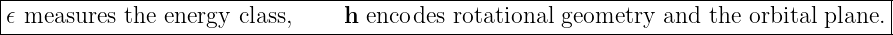 |------------------------------------------------------------------------------------|
|𝜖 measures the energy class,     h encodes rotational geometry and  the orbital plane.|
--------------------------------------------------------------------------------------
