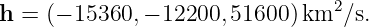                                 2
h = (− 15360, − 12200, 51600 )km ∕s.
