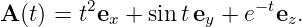 A (t) = t2ex + sint ey + e− tez.
