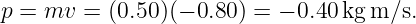 p = mv  = (0.50)(− 0.80) = − 0.40kg m ∕s.
