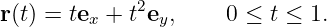 r(t) = tex + t2ey,     0 ≤ t ≤ 1.
