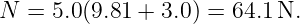 N  = 5.0(9.81 + 3.0 ) = 64.1 N.
