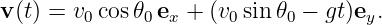 v (t) = v0 cos𝜃0ex + (v0sin 𝜃0 − gt)ey.
