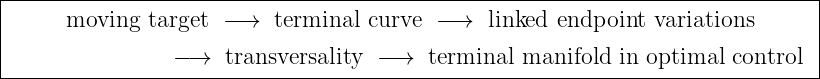 |------------------------------------------------------------------------------|
|      moving  target  −→   terminal  curve −→   linked  endpoint variations       |
|                −→   transversality − →  terminal manifold  in optimal control  |
-------------------------------------------------------------------------------|
