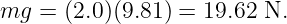 mg  = (2.0)(9.81) = 19.62 N.
