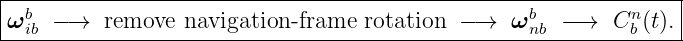 |----------------------------------------------------------------|
| b                                                b        n    |
-ωib-−→---remove--navigation--frame--rotation--−→---ω-nb-−→---Cb (t).
