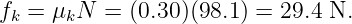 fk = μkN  = (0.30)(98.1) = 29.4 N.

