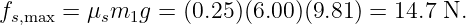 fs,max =  μsm1g =  (0.25 )(6.00)(9.81) = 14.7 N.

