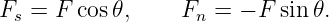 Fs = F cos 𝜃,    Fn =  − F sin 𝜃.
