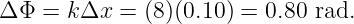 ΔΦ  = kΔx  = (8)(0.10) = 0.80 rad.
