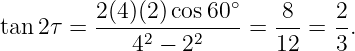          2(4)(2)cos60 ∘    8    2
tan 2τ =  ----2----2----=  ---=  -.
            4  − 2        12    3

