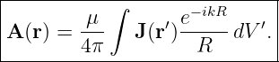 |----------∫-----------------|
|        μ       ′ e−ikR    ′|
A (r) = 4-π   J(r )--R---dV .|
------------------------------
