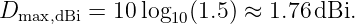 Dmax,dBi = 10 log10(1.5) ≈ 1.76 dBi.
