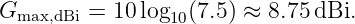 Gmax,dBi = 10 log10(7.5) ≈ 8.75 dBi.
