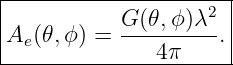 -----------------------
|                   2  |
|Ae (𝜃,ϕ) = G-(𝜃,ϕ)λ-. |
---------------4-π-----|
