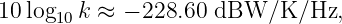 10 log10 k ≈ − 228.60 dBW/K/Hz,
