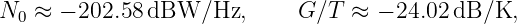N0 ≈  − 202.58 dBW/Hz,      G ∕T ≈  − 24.02dB/K,
                                                                                         
                                                                                         
