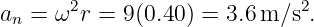 a =  ω2r = 9(0.40) = 3.6m ∕s2.
 n
