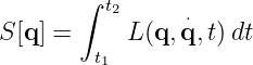         ∫
          t2      ⋅
S [q] =     L(q,q, t)dt
         t1
