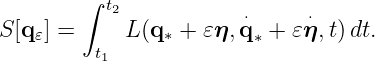        ∫  t2            ⋅     ⋅
S[q𝜀] =     L(q∗ + 𝜀η, q∗ + 𝜀η,t)dt.
         t1
