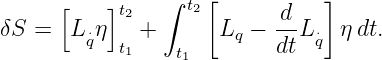       [    ]    ∫ t [          ]
            t2      2       d-
δS =   Lq⋅η  t1 +  t   Lq −  dtL⋅q  ηdt.
                  1

