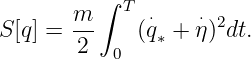        m ∫ T
S [q] = --    (q⋅∗ + η⋅)2dt.
        2  0
