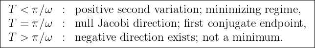 |------------------------------------------------------------|
|T  < π∕ ω  : positive second variation; minimizing  regime,   |
|T  = π∕ ω  : null Jacobi direction; first conjugate endpoint, |
|T  > π∕ ω  : negative direction exists; not a minimum.       |
--------------------------------------------------------------
                                                                                         
                                                                                         
