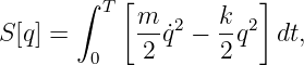        ∫ T [           ]
S [q] =      m-q˙2 − k-q2  dt,
        0    2      2
