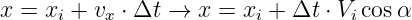 x = xi + vx ⋅ Δt → x = xi + Δt ⋅ Vicos α
