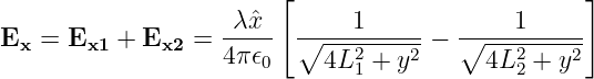                         [                         ]
                    λˆx        1             1
Ex =  Ex1 + Ex2 =  ----- ∘----2----2-− ∘----2----2-
                   4π𝜖0     4L1 + y       4L2 + y
